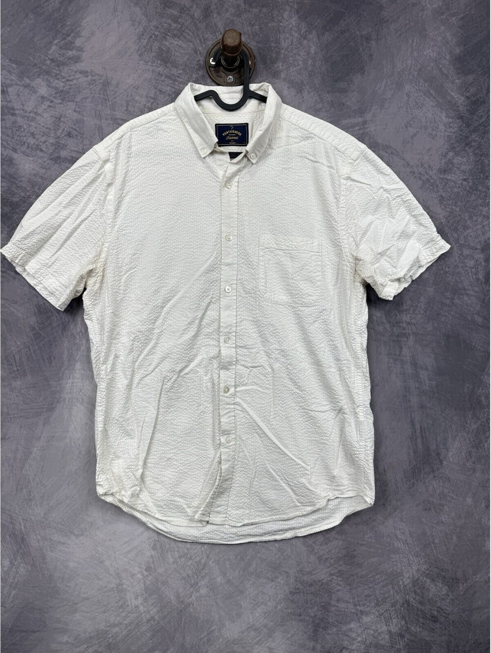Portuguese Flannel Shirt Mens L White Seersucker Short Sleeve